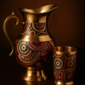 Hand-Painted Brass Water Jug & Tumbler Set