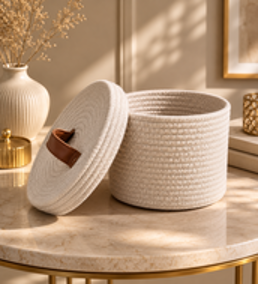 Ivory Cotton-Rope Lidded Storage Basket