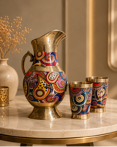 Hand-Painted Brass Paisley Jug & Glass Set