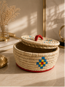 Sabai Grass Woven Lidded Basket with Diamond Motif